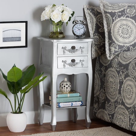 Baxton Studio Eliya Classic and Traditional Brushed Silver Finished Wood 2Drawer Nightstand 212-11936-ZORO